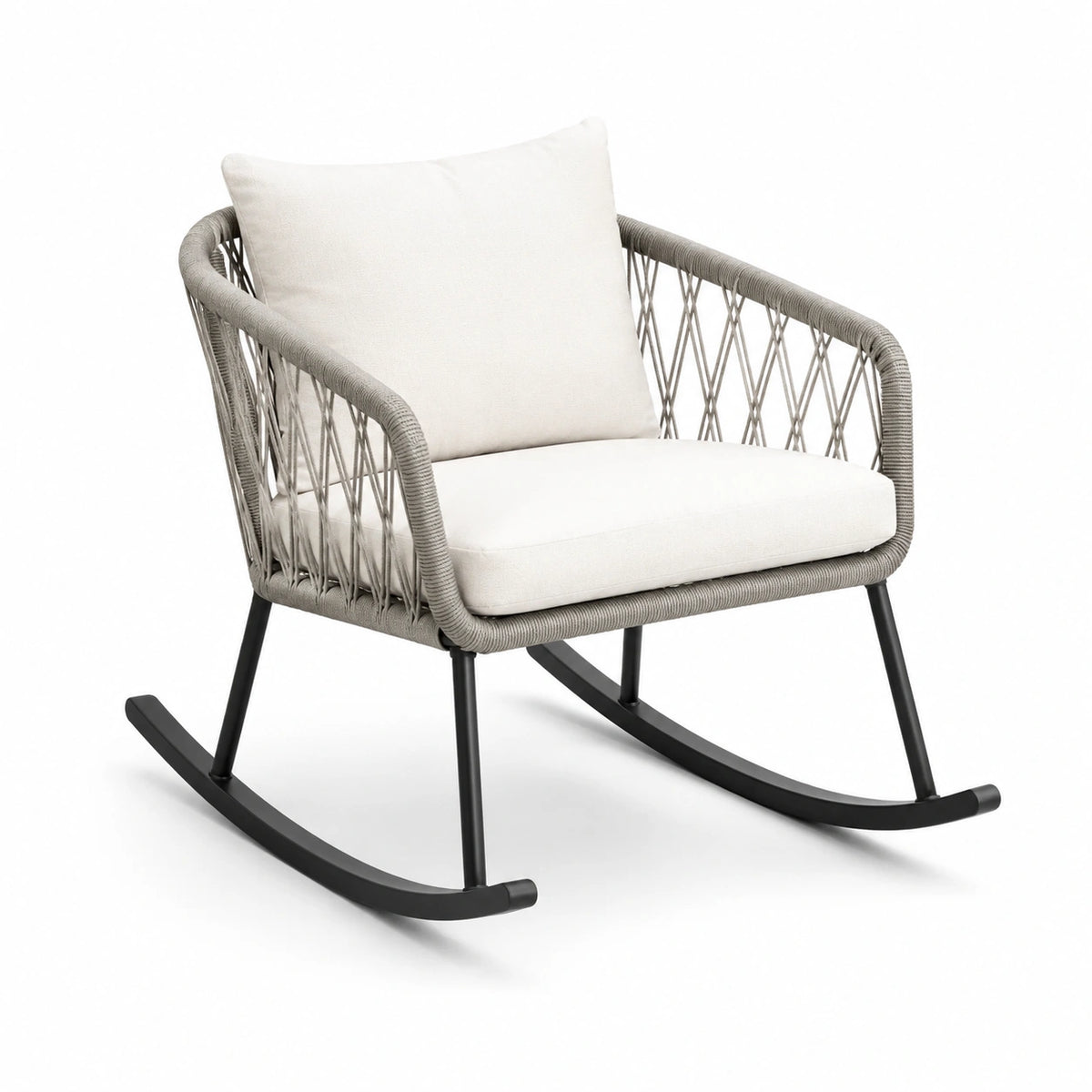 Metall Schaukelstuhl mit Polyrattan und Polyesterkissen in Beige und Grau