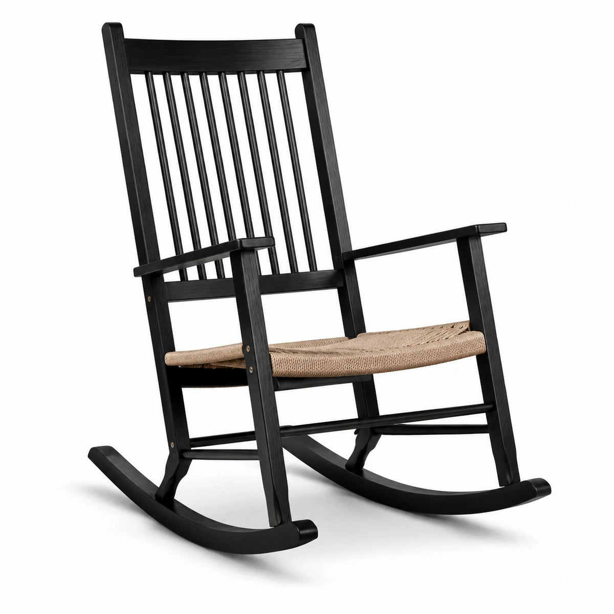 Schaukelstuhl aus Holz schwarz mit Seilgeflecht-Sitz