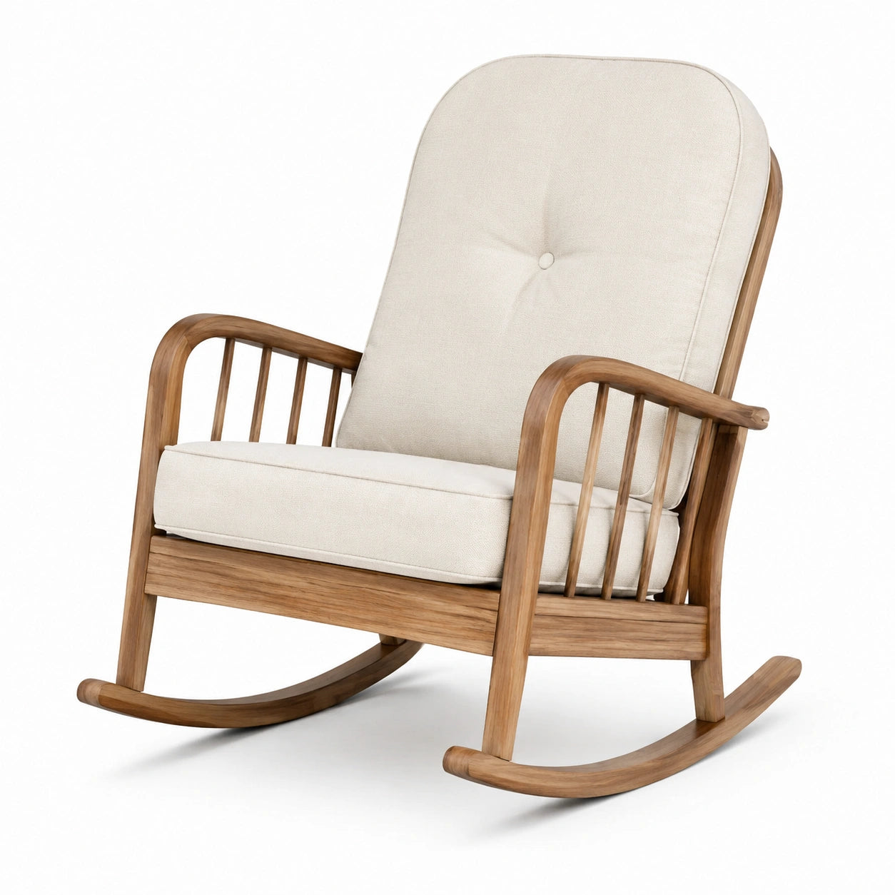 Schaukelstuhl aus Teakholz mit Baumwollbezug in Beige