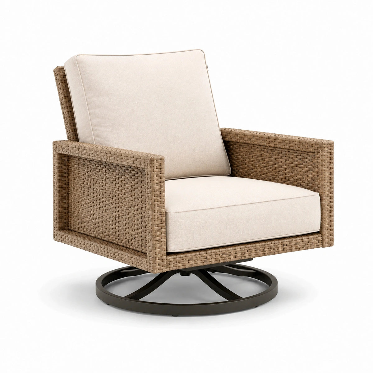 Drehsessel aus Polyrattan mit Metallgestell und Polyesterpolsterung