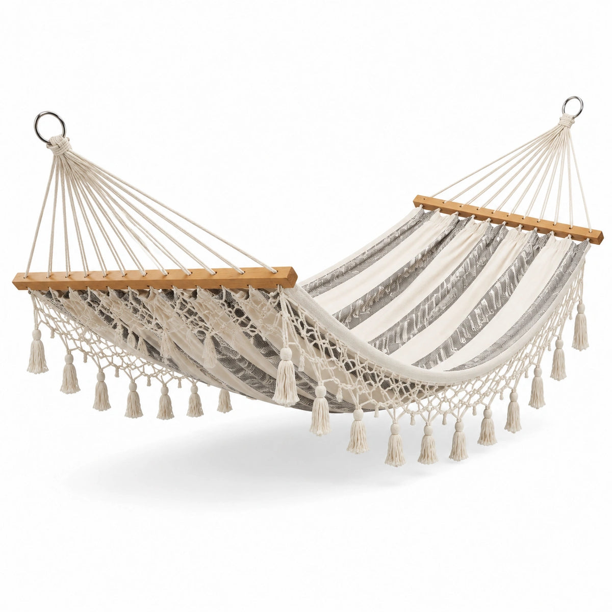 Hängematte aus Baumwollmischgewebe mit Holzstreben und Makramee, Beige/Weiß, 200x150 cm