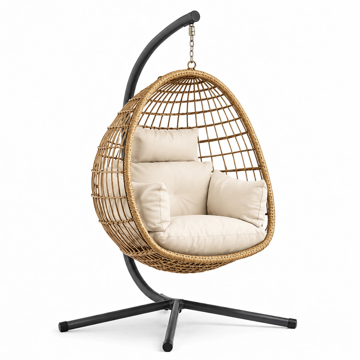 Rattan Hängesessel Ei-Form mit Stahlgestell und Kissen Beige