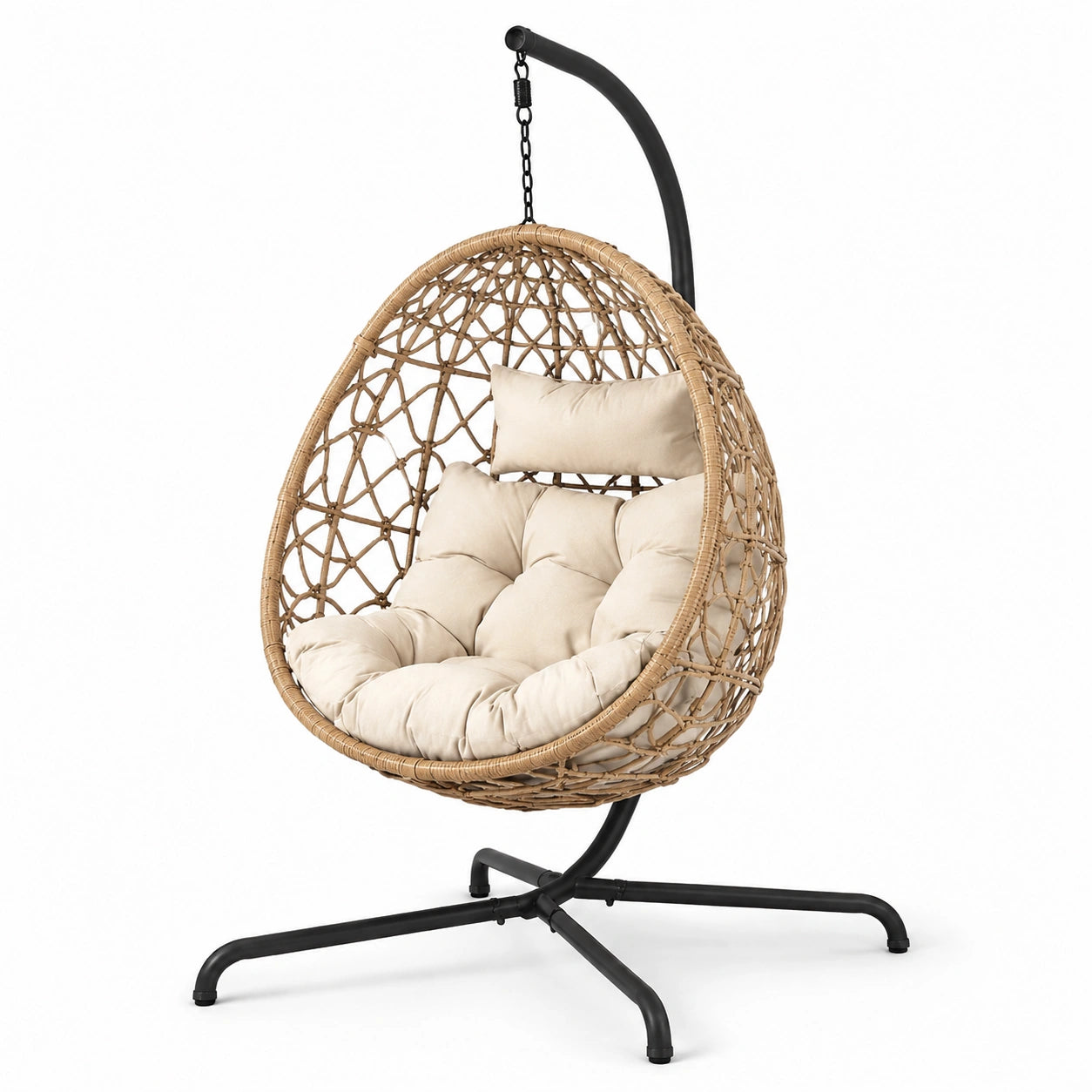 Runder PE-Rattan-Hängesessel mit Kissen Beige Innen/Außen 105x105x195cm