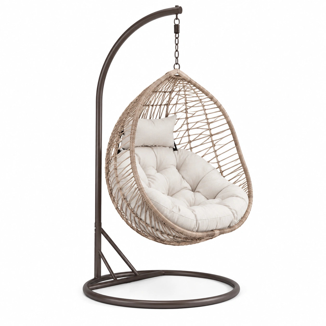 Rattan Hängesessel mit Metallgestell und Polyestergemisch Kissen, Hellbeige