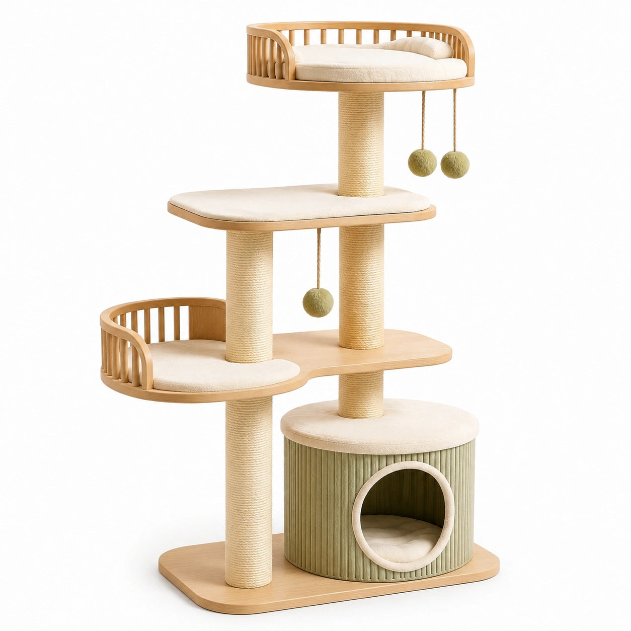 Holz-Katzenbaum mit Sisal und Plüschpolsterung, Beige/Grün, 120x60x40 cm