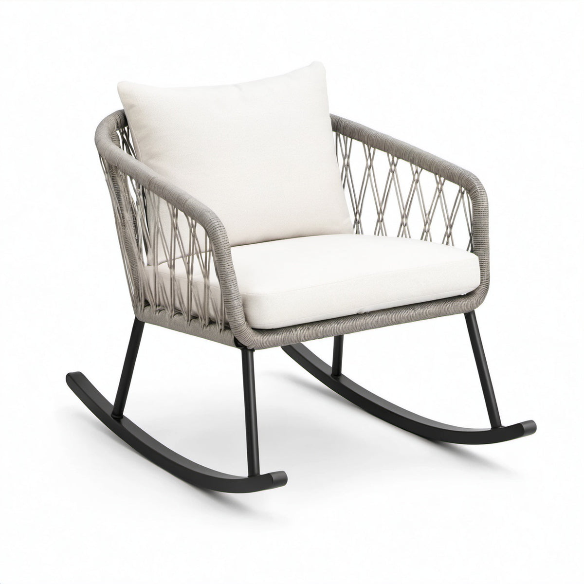 Metall Schaukelstuhl mit Polyrattan und Polyesterkissen in Beige und Grau