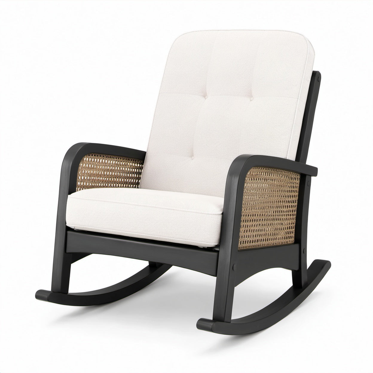 Schaukelstuhl aus Holz mit Leinenbezug und Rattan in Beige