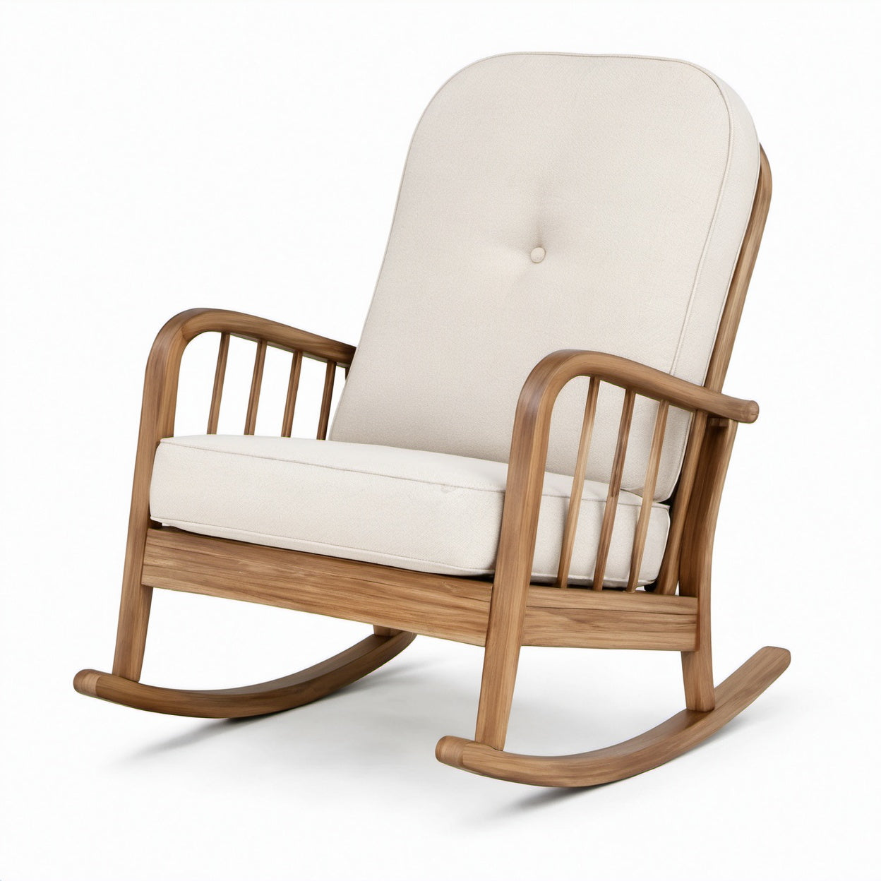 Schaukelstuhl aus Teakholz mit Baumwollbezug in Beige