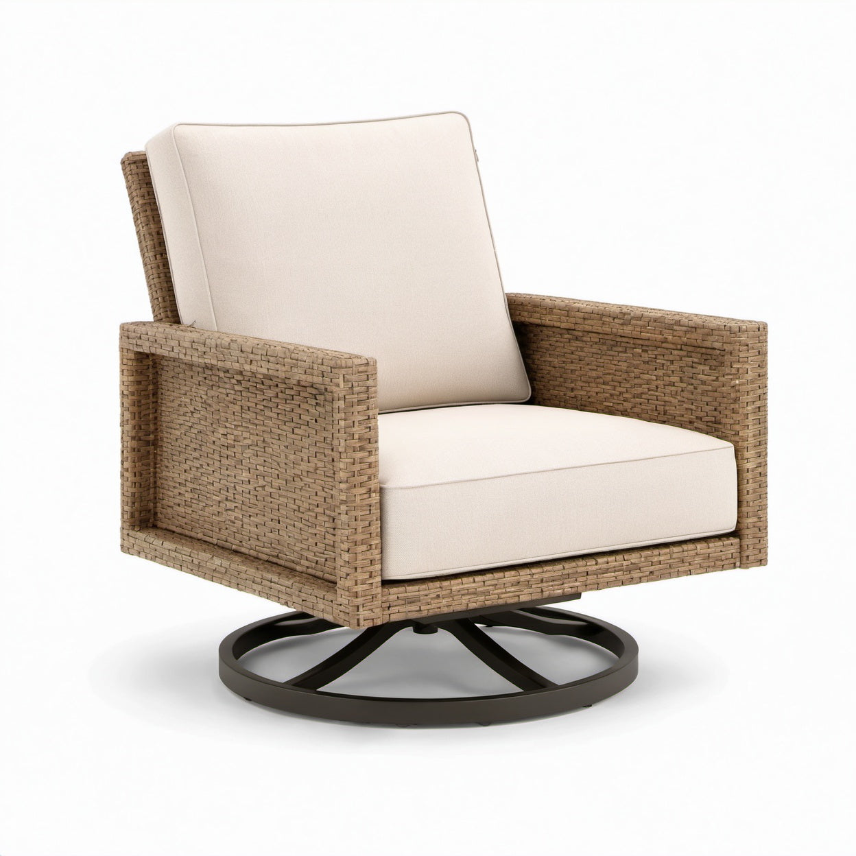Drehsessel aus Polyrattan mit Metallgestell und Polyesterpolsterung