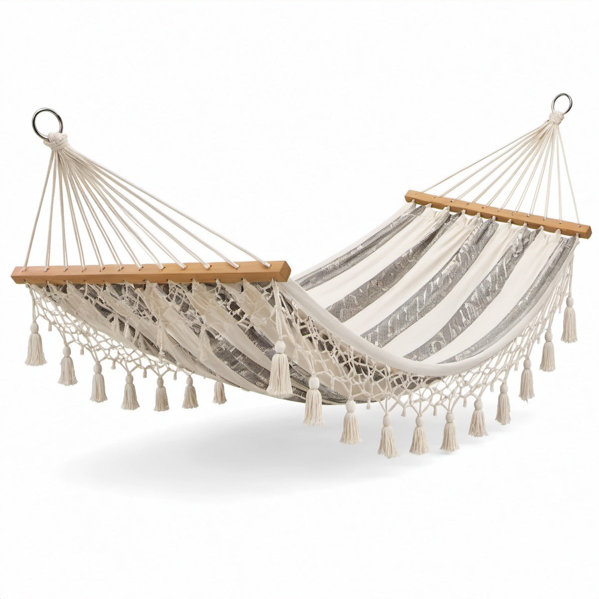 Hängematte aus Baumwollmischgewebe mit Holzstreben und Makramee, Beige/Weiß, 200x150 cm