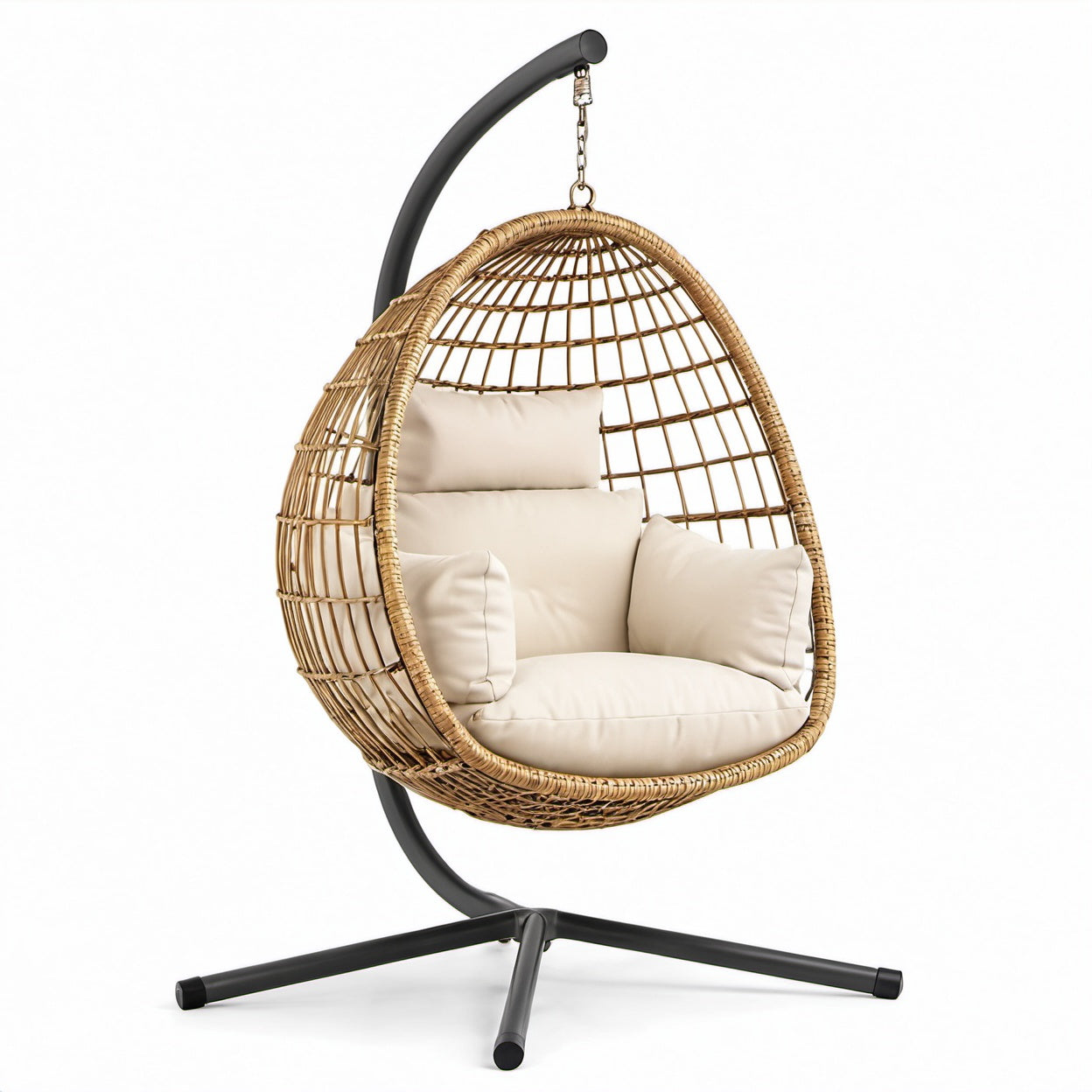 Rattan Hängesessel Ei-Form mit Stahlgestell und Kissen Beige