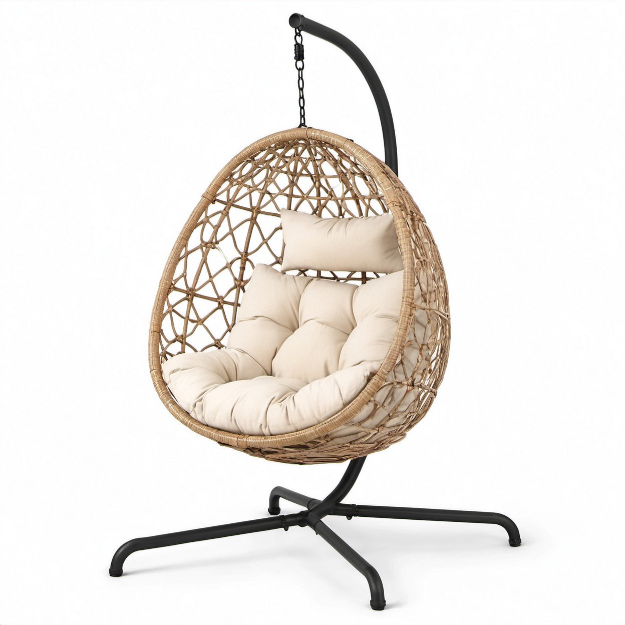 Runder PE-Rattan-Hängesessel mit Kissen Beige Innen/Außen 105x105x195cm