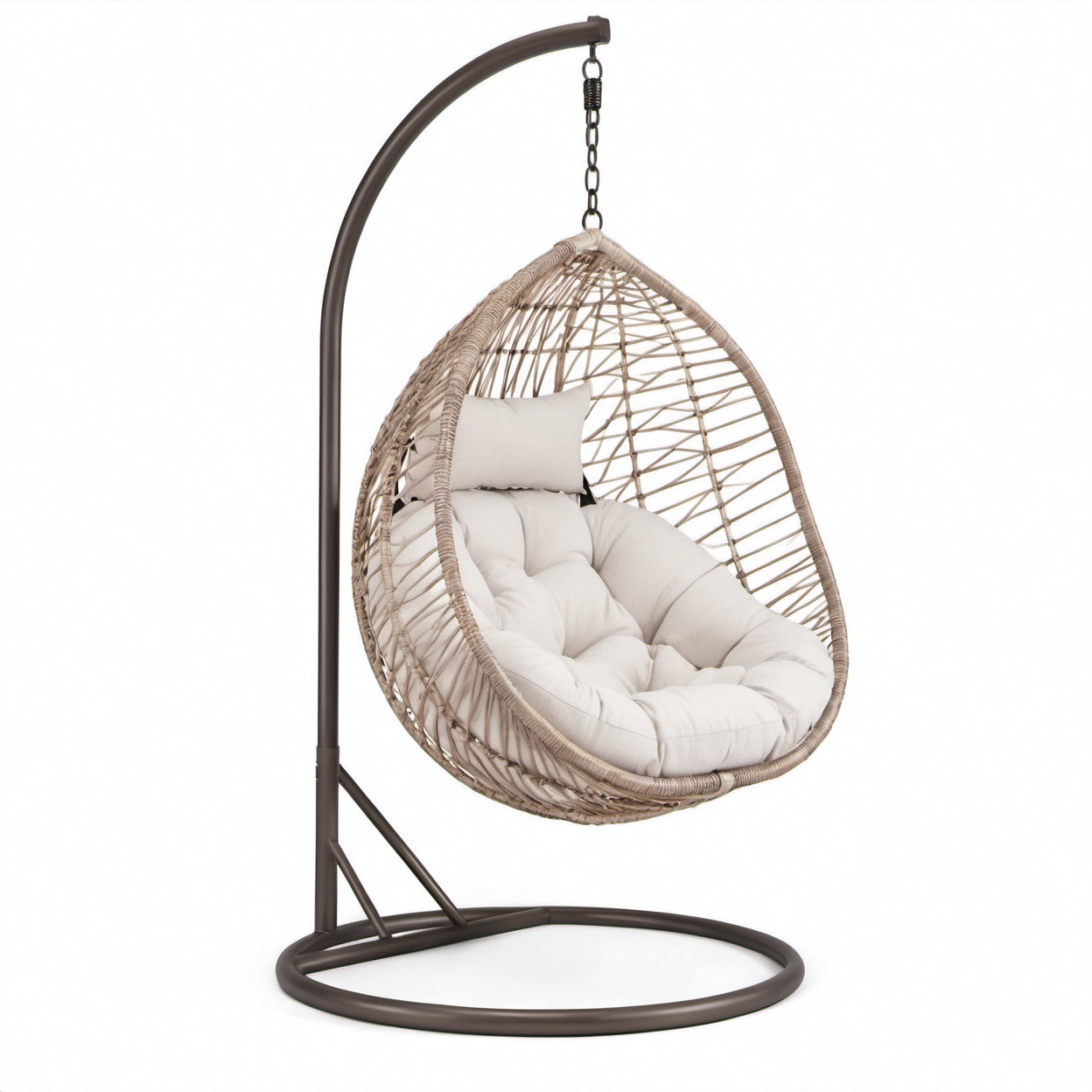 Rattan Hängesessel mit Metallgestell und Polyestergemisch Kissen, Hellbeige