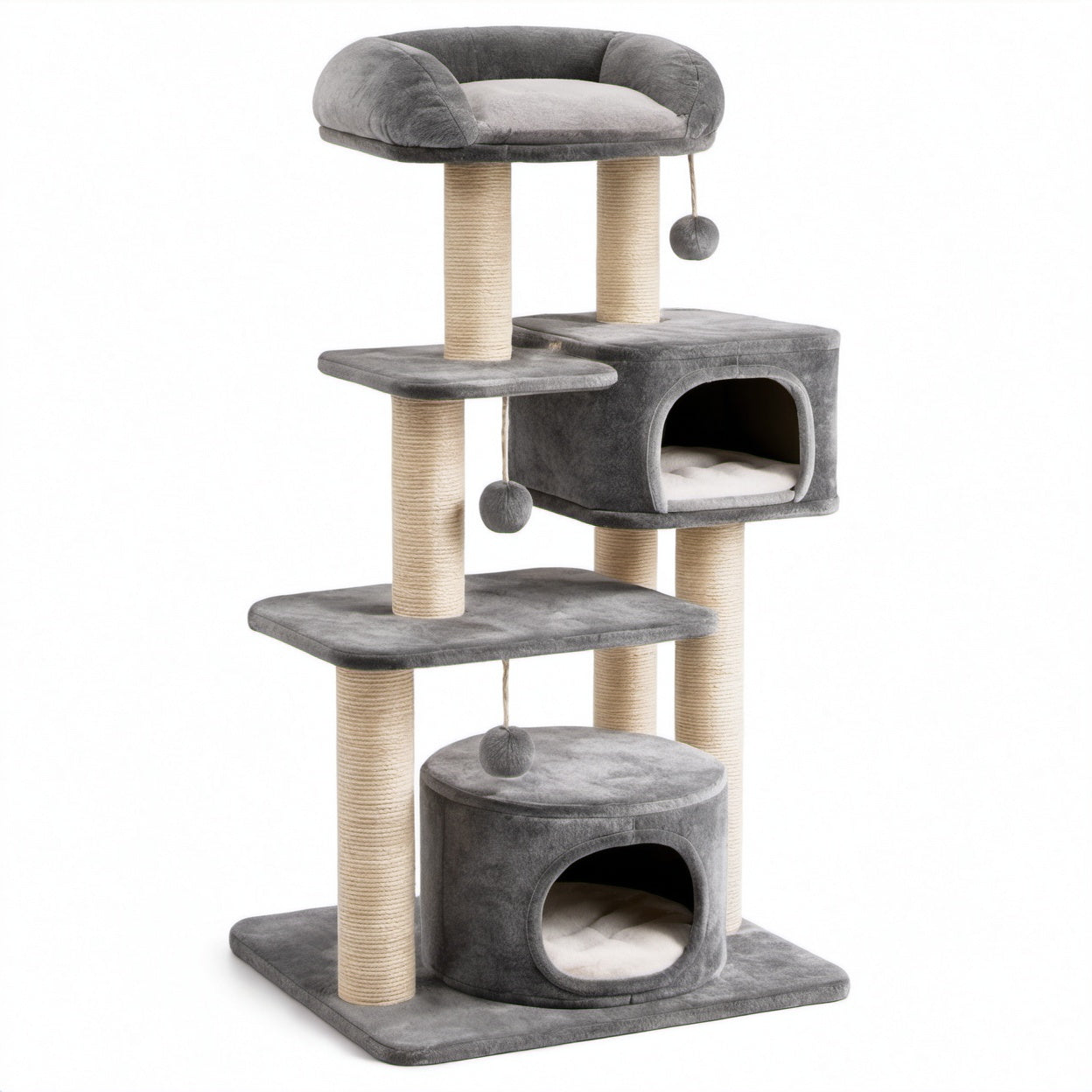 Katzenbaum mit Sisalstämmen und Plüsch, Grau, 140 cm