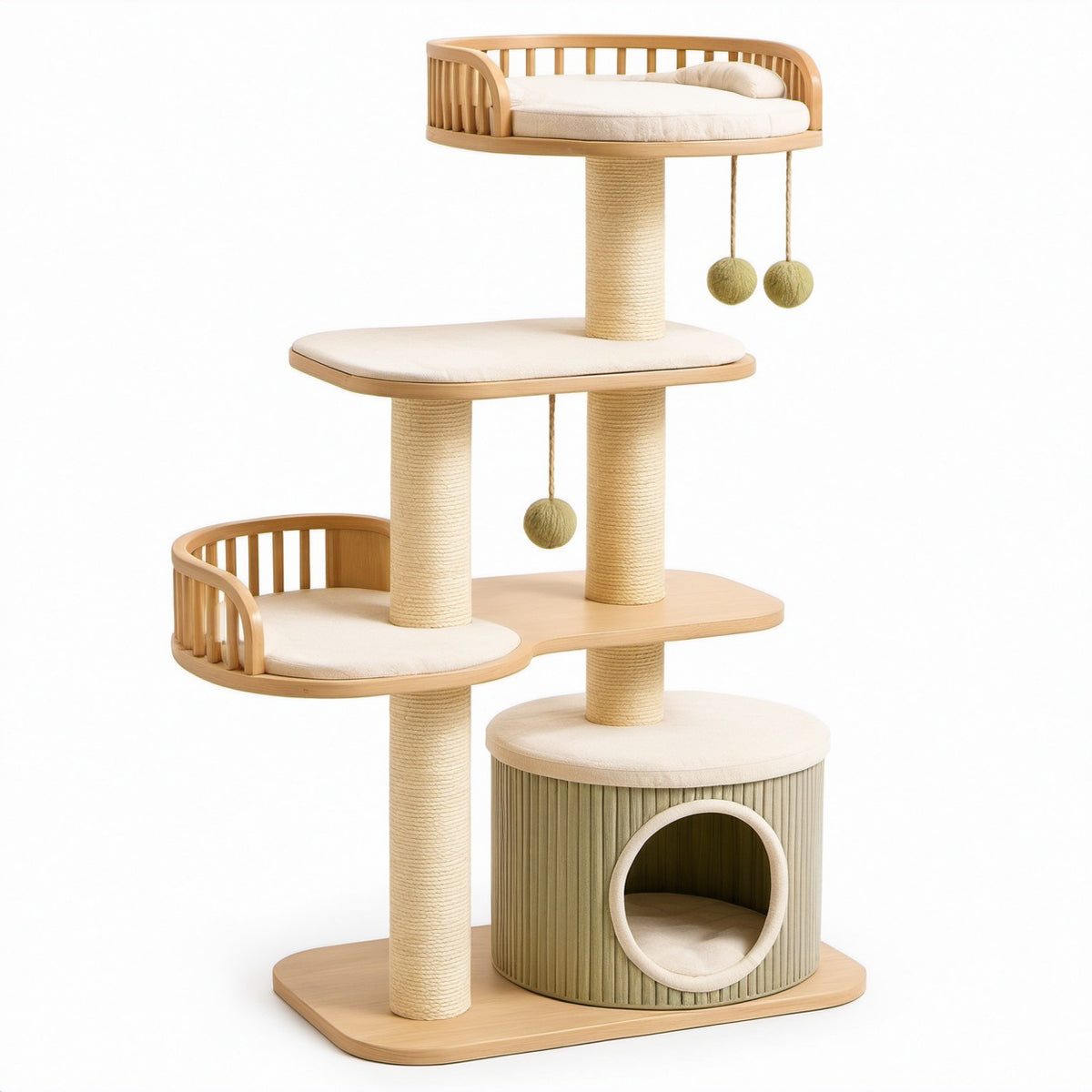 Holz-Katzenbaum mit Sisal und Plüschpolsterung, Beige/Grün, 120x60x40 cm